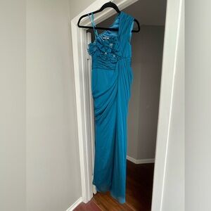Adriana papell red label teal floral beaded draped pleated one shoulder dress